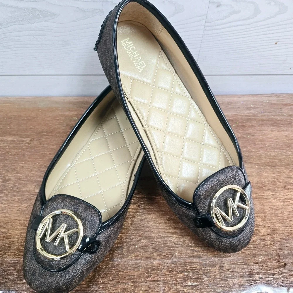 Michael Kors Fulton Moccasin‎ Brown Logo Flats Gold MK Medallion Womens 6M